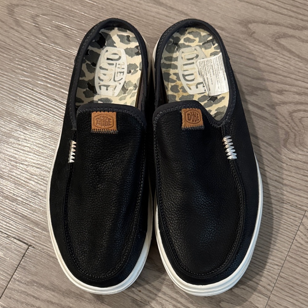Hey Dude Women’s Black and White Slip-On Leather Loafers